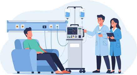 Medical professionals attending to a patient undergoing treatment with a dialysis machine