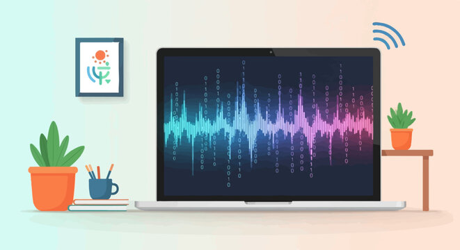 Modern desk with laptop displaying sound wave and binary code, plants