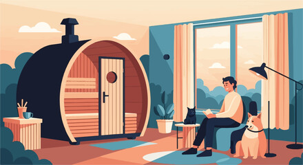 Naklejka na ściany i meble Man reading with pets in room featuring sauna and large window