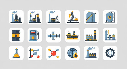 Industrial Icons Set Factory Energy Oil Gas Chemistry.
