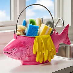 Domestic housework equipment featuring plastic detergent spray bottles, a white bucket, sponges, and rubber gloves for hygiene and cleaning products in a kitchen, isolated on a clean background