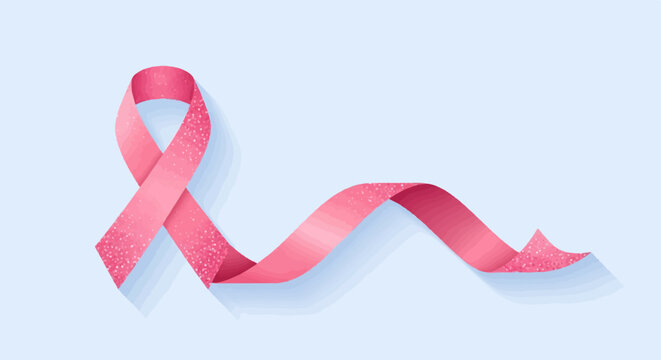 Glittering pink ribbon flows gracefully against a soft blue background