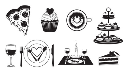 Romantic Dinner Food Icons: Pizza, Cupcake, Coffee, Desserts, Wine, Cake, Vector Silhouette