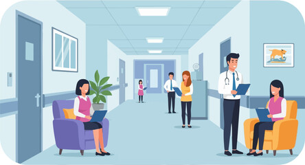 Obraz premium Hospital corridor with people, doctor, nurse, patients, and artwork