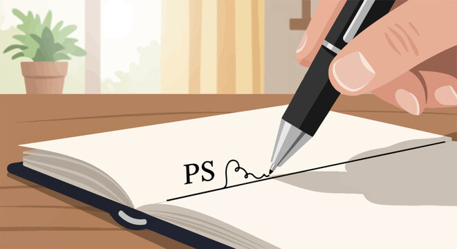 Hand writing a note in a notebook with a pen