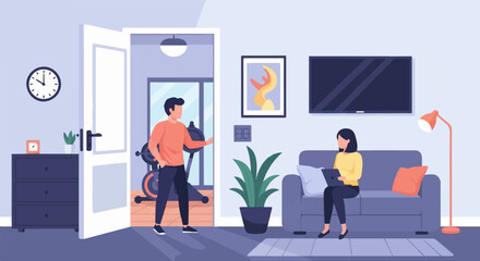 Modern living room with people and fitness equipment