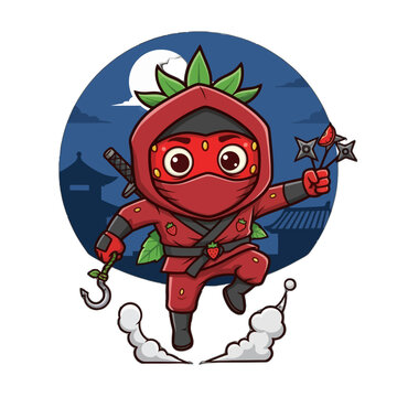 Adorable fruit warrior ninja character dressed in red strawberry themed costume brandishing shuriken and grappling hook for fun digital art on transparent background