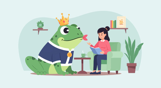 Girl reads to a king frog in a cozy room