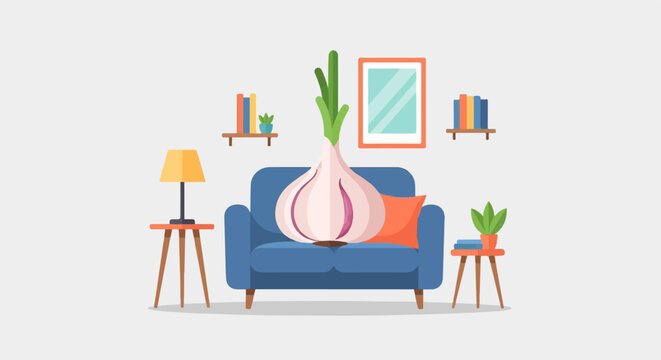 Giant garlic bulb rests on a blue sofa in a minimalist living room setting