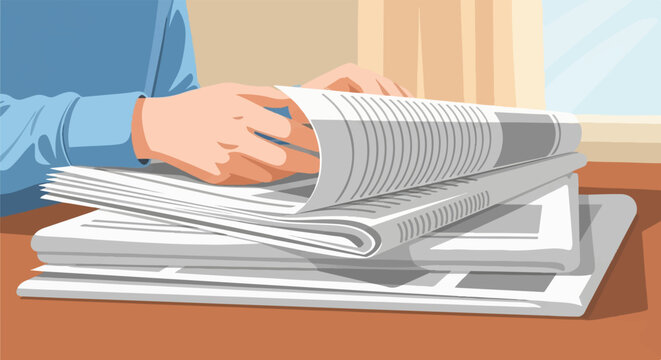 Hands flipping through a stack of newspapers on a table