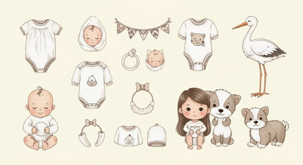 Gentle baby clothes, toys, pets, and stork in pastel watercolor style