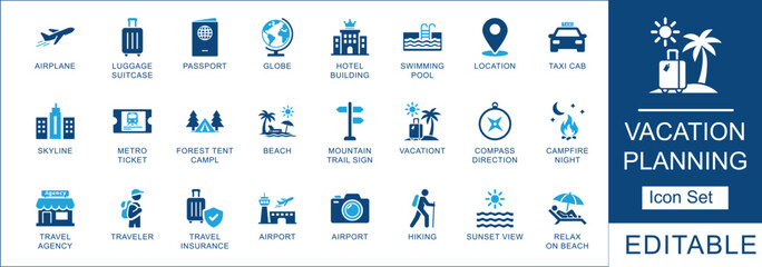 Vacation planning and travel icon set featuring flight, hotel, camping, and beach activities. Minimalist blue linear icons for tourism, holiday booking, and summer adventures.