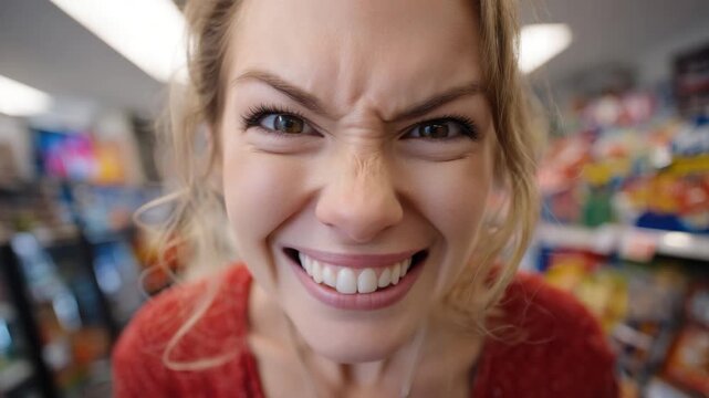 Smiling woman close up portrait candid grocery store aisle cheerful shopper smiling with playful squint and joyful teeth close up portrait candid woman store aisle showing intense emotion and open