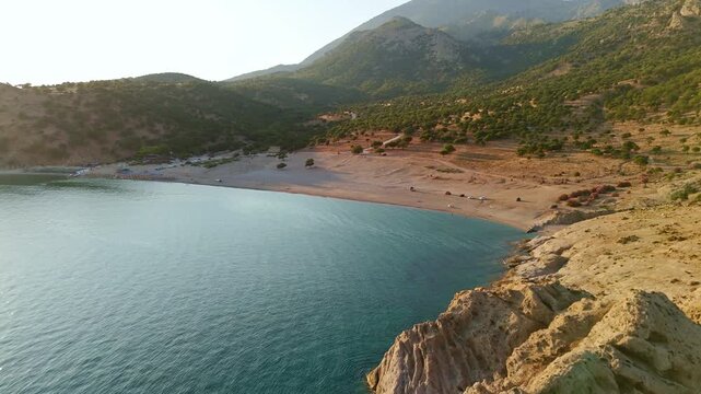 Aerial View of Pachia Ammos Beach at Sunset Samothraki Greece