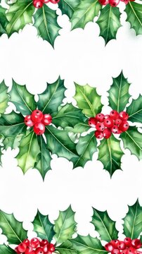 Watercolor Christmas holly leaves and berries border seamless pattern