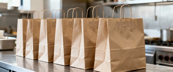 Fototapeta premium Row of Brown Paper Bags on Countertop Ready for Takeout Orders in Restaurant