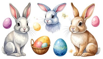 Watercolor Easter Bunnies and Painted Eggs Collection.