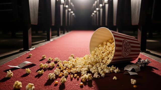 Spilled popcorn in dimly lit theater aisle: symbol of cinematic experience and messy delight