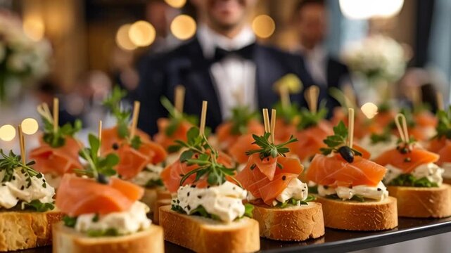 Elegant canapes with smoked salmon and creamy cheese served at an upscale event with a blurred smiling waiter in a tuxedo