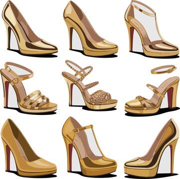 Create a kinds of deferent realistic Gold High heel shoe 3d illustration vector art with white background.