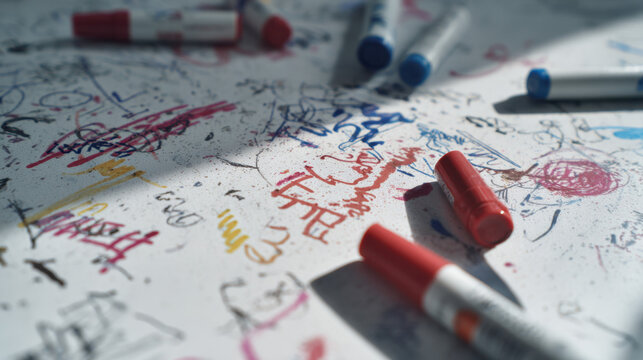 Close up of whiteboard surface with marker stains scribbles and erased sketches showing creative brainstorming process