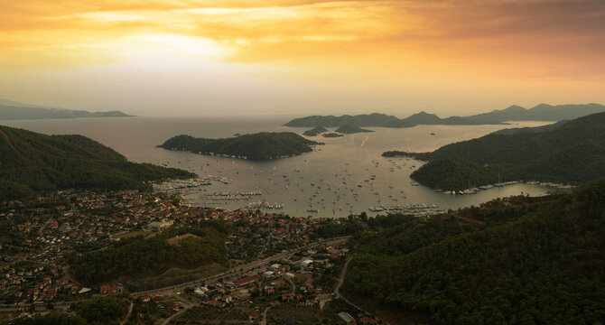 G&ouml;kcek holiday village at sunrise. Tourist bays of the Mediterranean. Fethiye district, Muğla city, T&uuml;rkiye