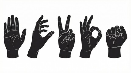 Five black hand gesture silhouettes on white background