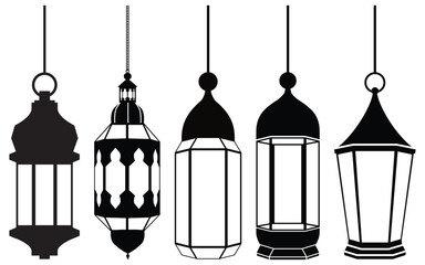 Arabic Hanging Lantern Silhouette Collection. Islamic Ramadan Lantern light Set with Crescent Moon and Star, Eid Al Fitr Decorative Vector Icons