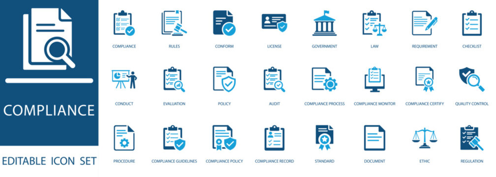 compliance icon set. Features policy, audit, ethics, and legal icons for business governance, quality control, and standard procedures. Blue flat style.