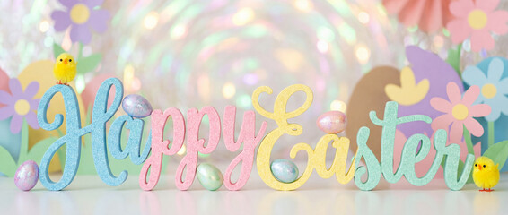 Naklejka premium Rainbow pastel easter banner with bunnies, eggs, flowers, sparkles, 