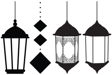 Arabic Hanging Lantern Silhouette Collection. Islamic Ramadan Lantern light Set with Crescent Moon and Star, Eid Al Fitr Decorative Vector Icons