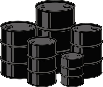 Create a realistic Classic Black metal oil barreles Drum vector art with white background.