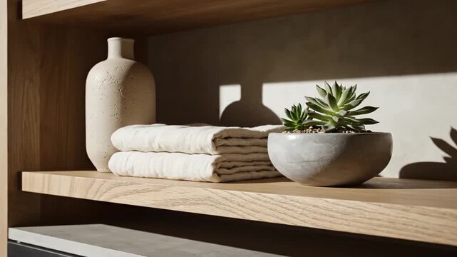 Minimalist Home Decor Featuring Stacked Towels and Potted Succulent Plant