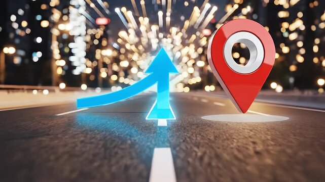 A red map marker pin with a camera lens design on an urban street during evening with city lights and blurred background