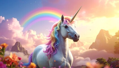 Majestic Unicorn with Rainbow Mane in Dreamy Landscape.