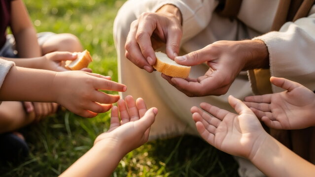 Jesus sharing bread with a child, distributing bread to children, the concept of mercy, generosity and compassion in the context of religious holidays and spiritual themes.