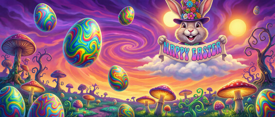 Fototapeta premium Surreal psychedelic easter landscape: giant easter eggs, wizard bunny in hat, swirling colors, mushrooms, sun, 