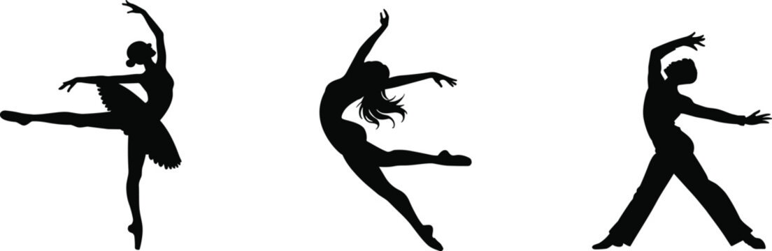 Dance silhouette vector illustration set, ballerina contemporary jazz poses, black dancer icons, expressive movement graphic for performing arts, choreography, and design