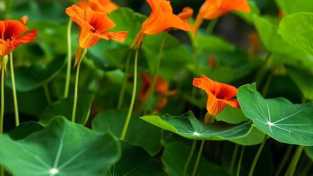 Vibrant orange nasturtium flowers blooming amongst lush green foliage