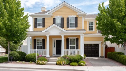 Fototapeta premium Bright yellow exterior gleams in the sunlight, flanked by vibrant green trees and colorful flowers. The charming porch invites relaxation in a peaceful suburban neighborhood