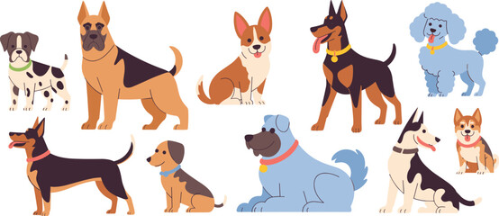 Obraz premium Cartoon dog breed vector illustration set, cute pet graphics, colorful puppy icons, friendly canine characters, domestic animal design for education and decor