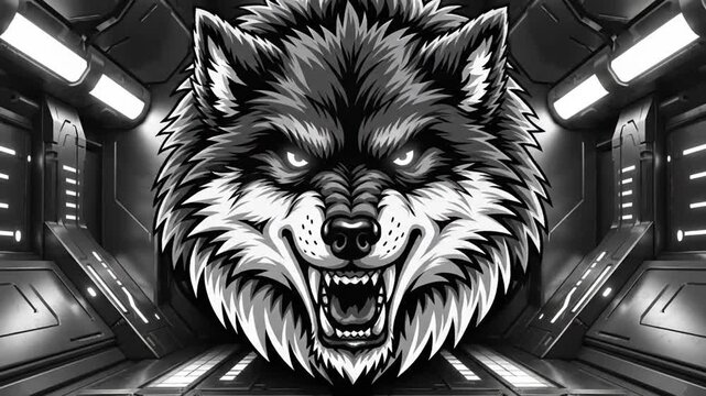 Dramatic wolf head graphic in futuristic interior setting