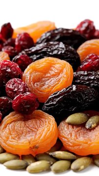 Close-up of mixed dried fruits and seeds against a white background