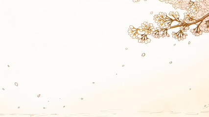 右上の桜の枝から花びらが舞い散るセピア調の手描き風背景イラスト