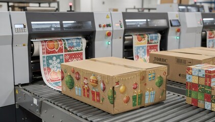 Medium shot focusing on shortrun digital printing machines producing seasonal packaging variations with colorful holiday graphics on sturdy corrugated boxes.
