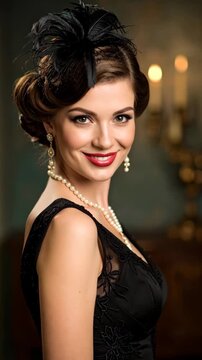 Elegant woman in a black flapper dress and pearl necklace, adorned with a feathered fascinator.