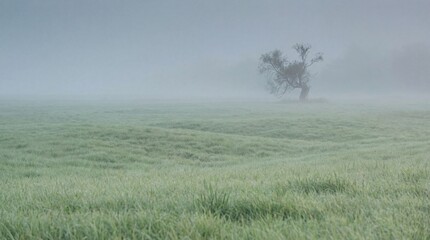 Lonely tree standing in foggy green meadow creating calm minimalist landscape atmosphere