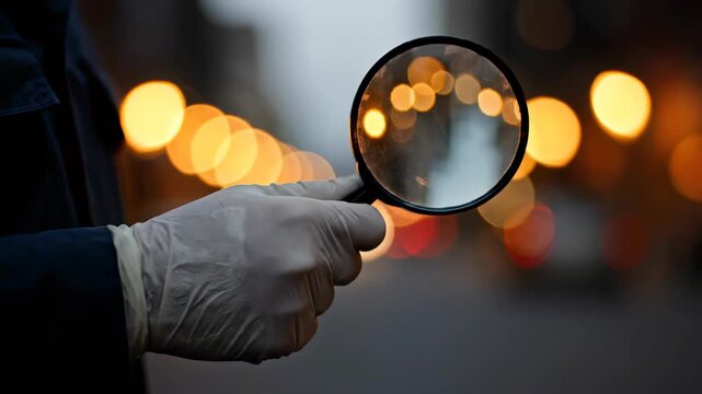 Gloved hand of a forensic officer holding a magnifying glass at night against glowing street bokeh lights, concept for crime investigation, financial auditing and data security analysis