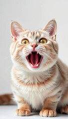 Obraz premium Lilac British Shorthair cat eyes wide, mouth agape in shock, isolated white background, lilac cat, emotional