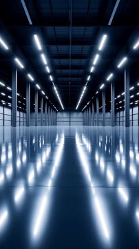 Modern empty industrial warehouse with reflective floor and bright linear ceiling lights
